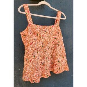 LOFT Petites 12P Tropical Babydoll Tank Square Neck Floral Bird Print Orange